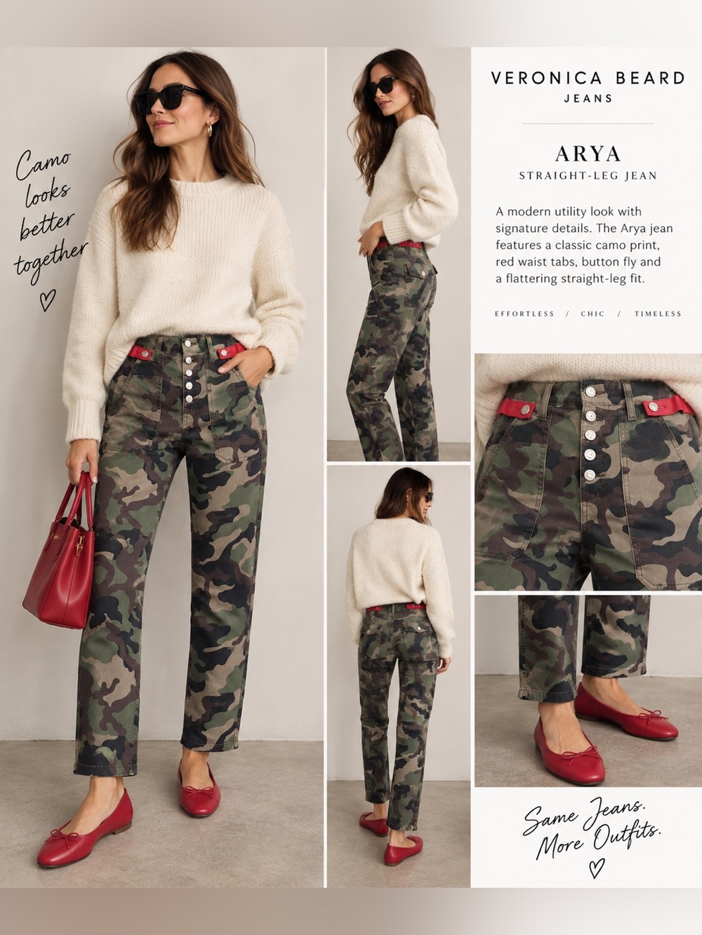 Veronica Beard Arya Camo Straight Leg Jeans Pants Red Waist Tabs Size 25